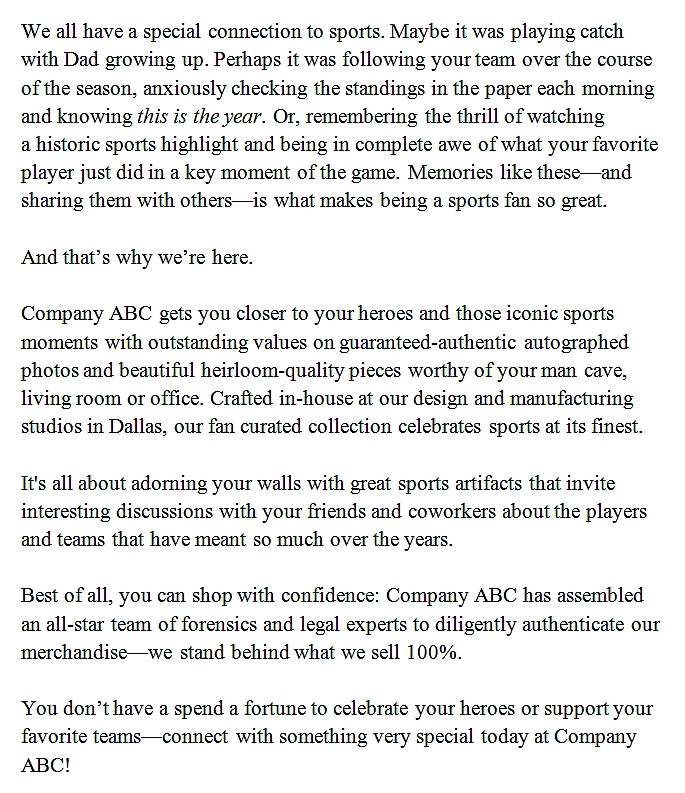 Sports Memorabilia Website Copy