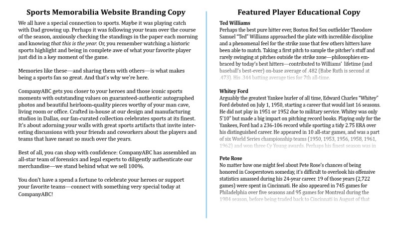 Sports Memorabilia Website Branding & Player Bios